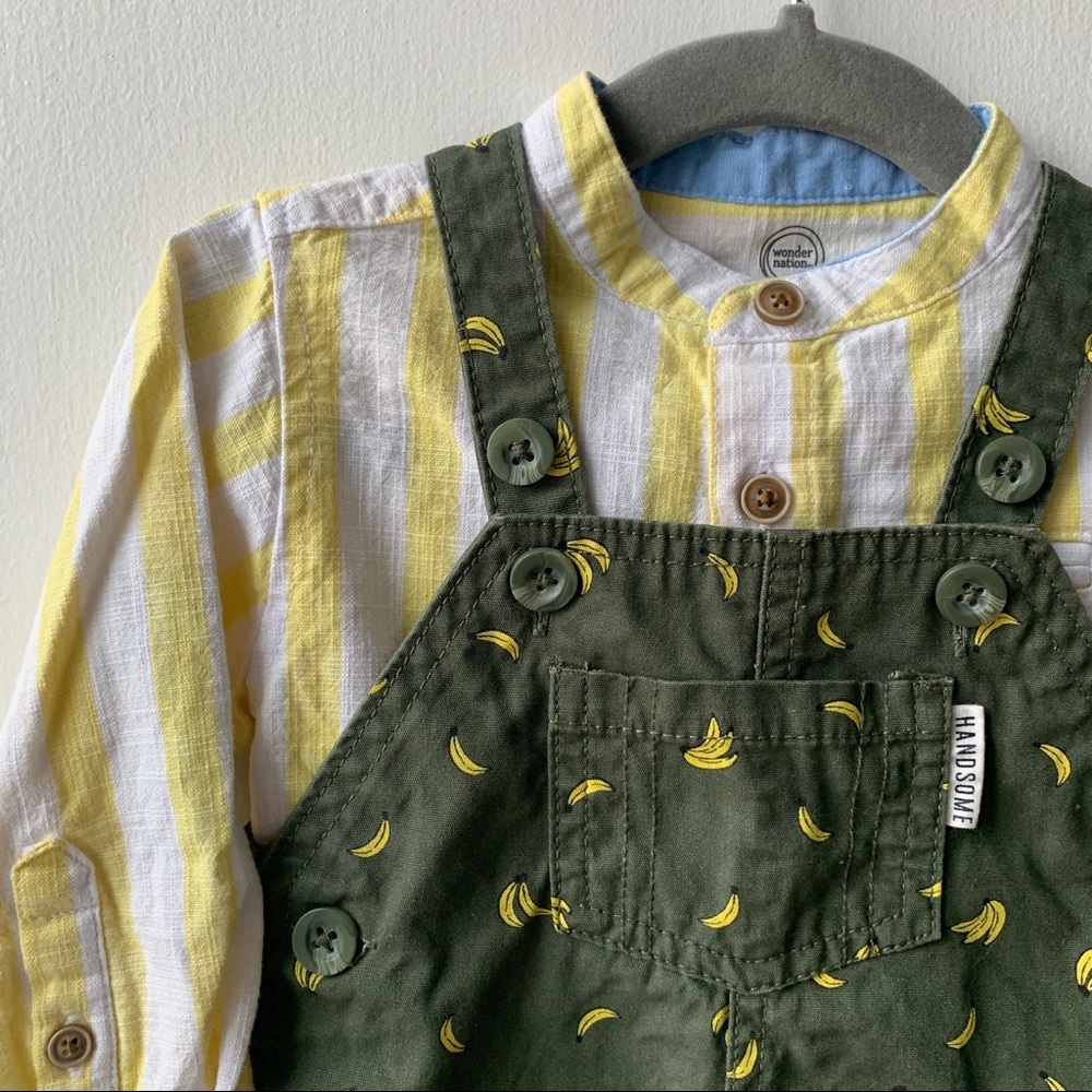 Banana Print Overalls with Band-Collar Striped Shirt